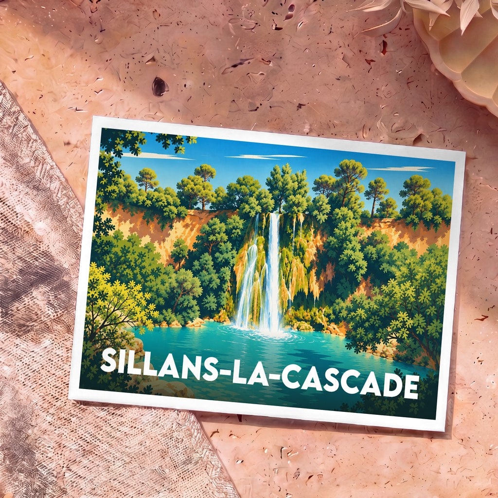 Carte postale souvenir de la ville de Sillans-la-Cascade avec une illustration stylisée de sa célèbre cascade.