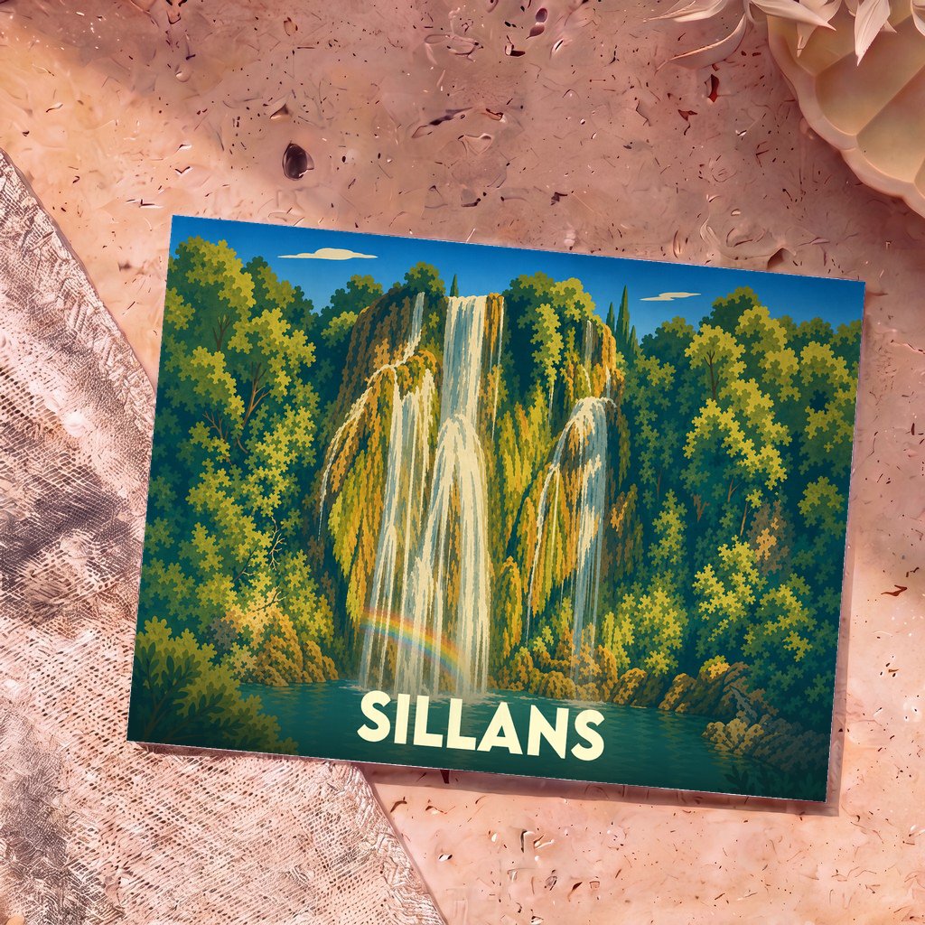 Carte postale souvenir de la ville de Sillans avec une illustration stylisée de sa cascade.