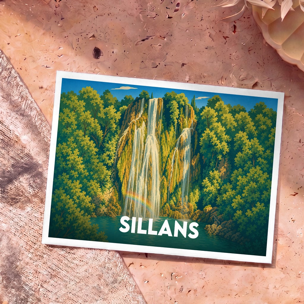 Carte postale souvenir de la ville de Sillans avec une illustration stylisée de sa cascade.