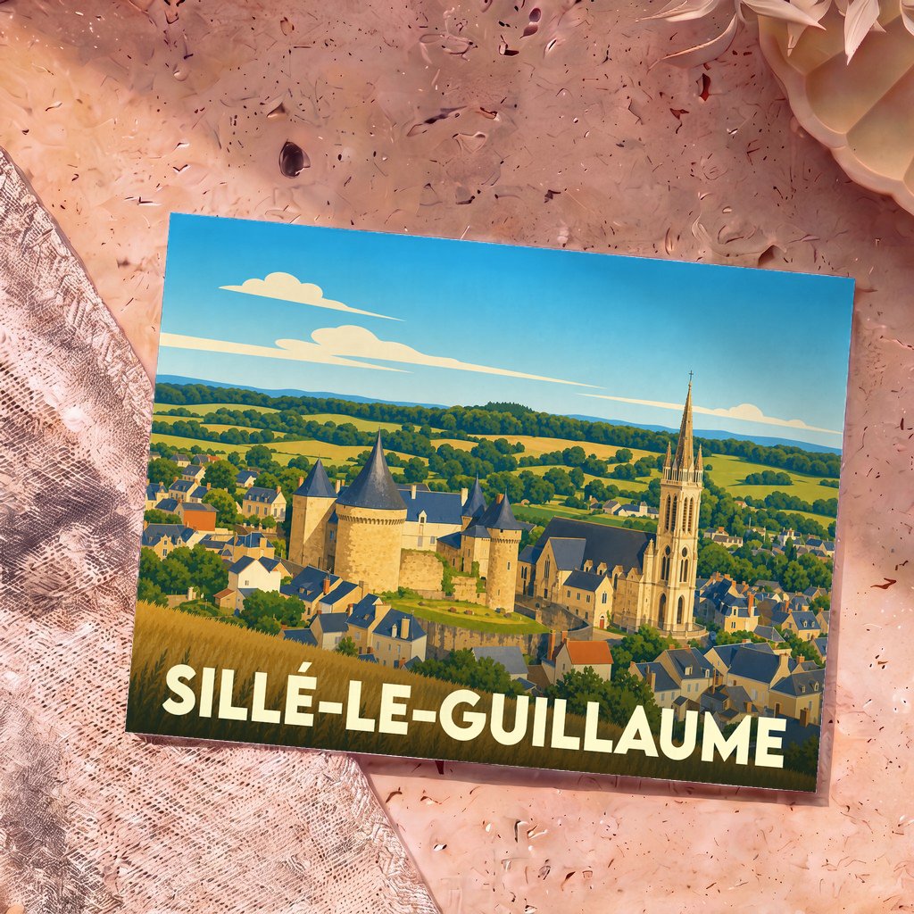 Carte postale souvenir de la ville de Sillé-le-Guillaume avec une illustration stylisée de son château et de son église.