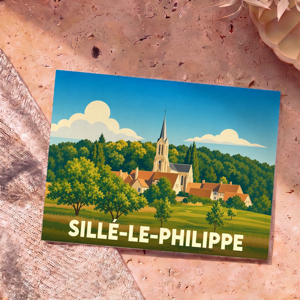 Carte postale souvenir de la ville de Sillé-le-Philippe avec une illustration stylisée.