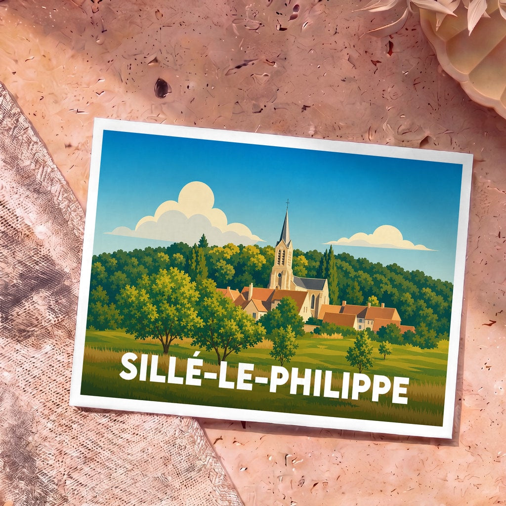 Carte postale souvenir de la ville de Sillé-le-Philippe avec une illustration stylisée.