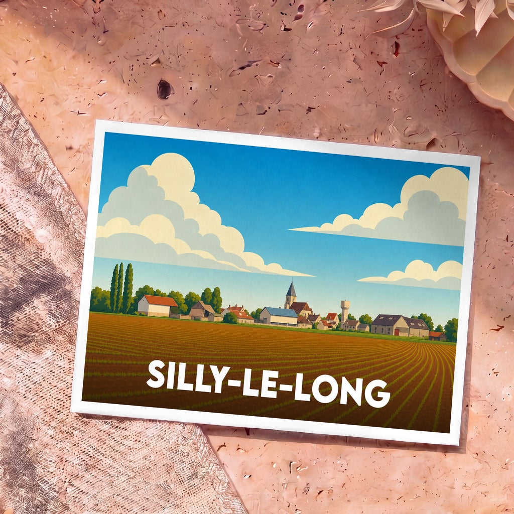 Carte postale souvenir de la ville de Silly-le-Long avec une illustration stylisée de ses champs et de son village.