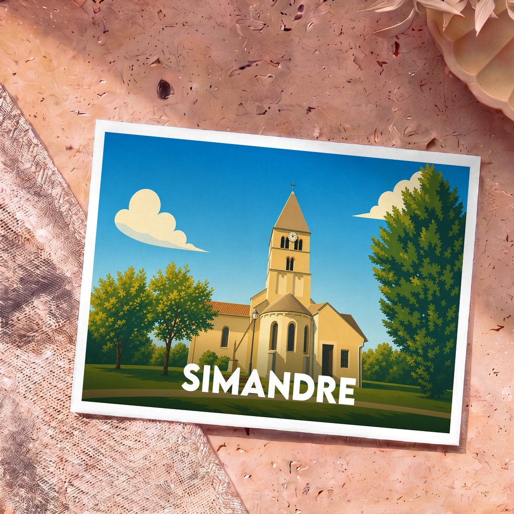 Carte postale souvenir de la ville de Simandre avec une illustration stylisée de son église sous un ciel bleu.