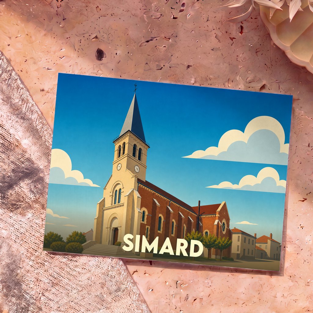 Carte postale souvenir de la ville de Simard avec une illustration stylisée de son église.