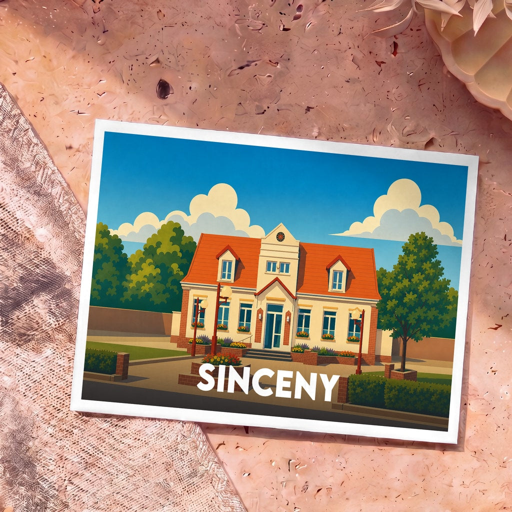 Carte postale souvenir de la ville de Sinceny avec une illustration stylisée de sa mairie.