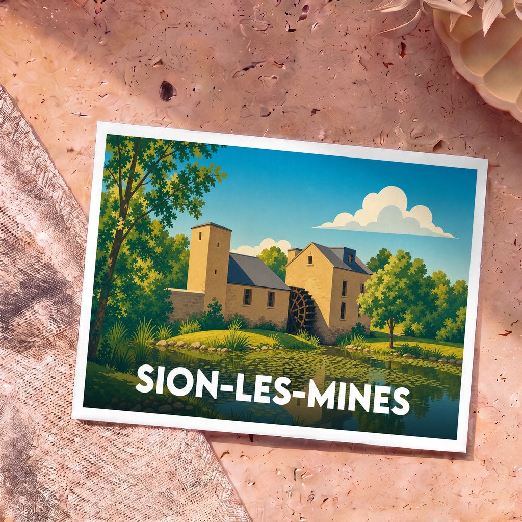 Carte postale souvenir de la ville de Sion-les-Mines avec une illustration stylisée d'un moulin à eau.