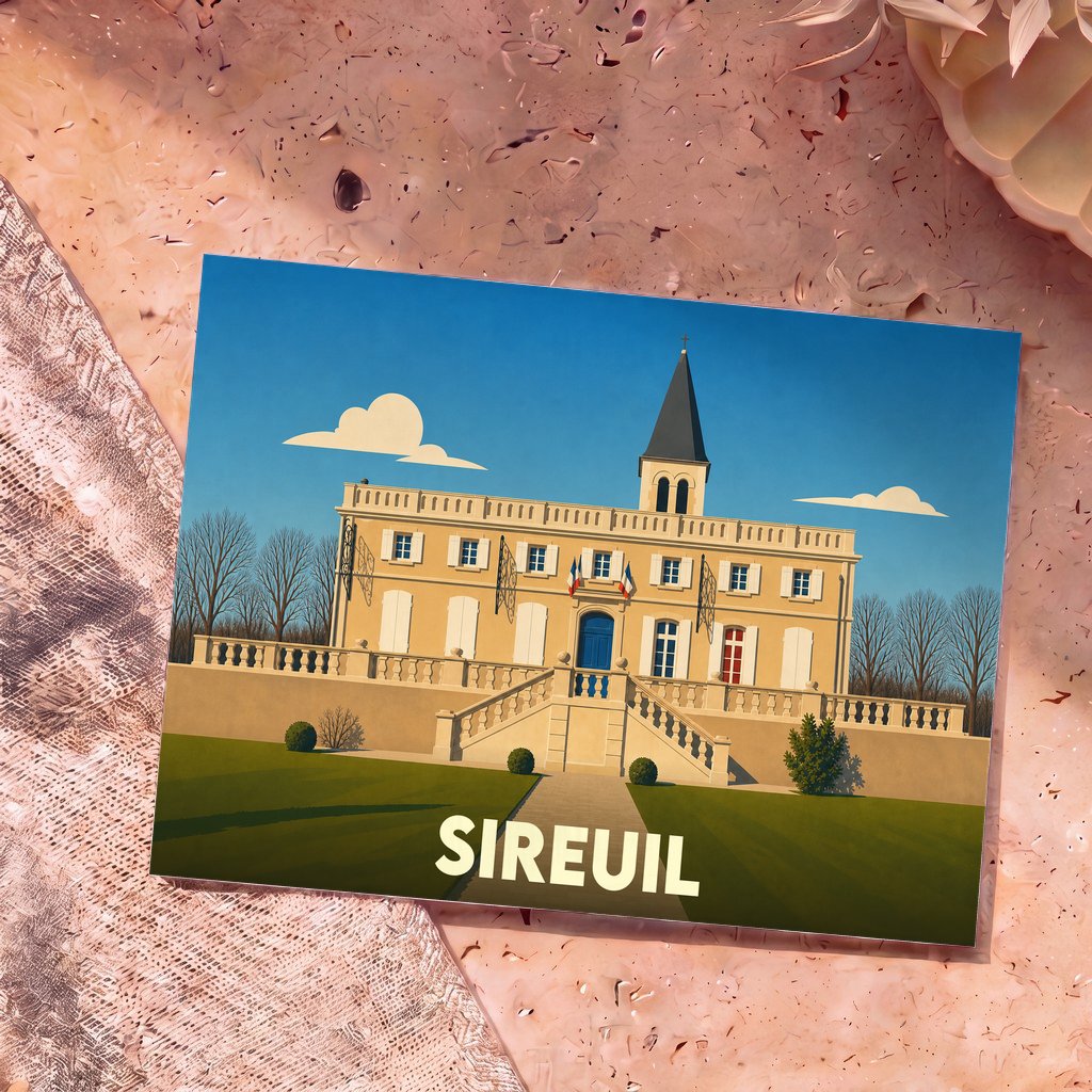 Carte postale souvenir de la ville de Sireuil illustrant sa mairie dans un style graphique épuré.