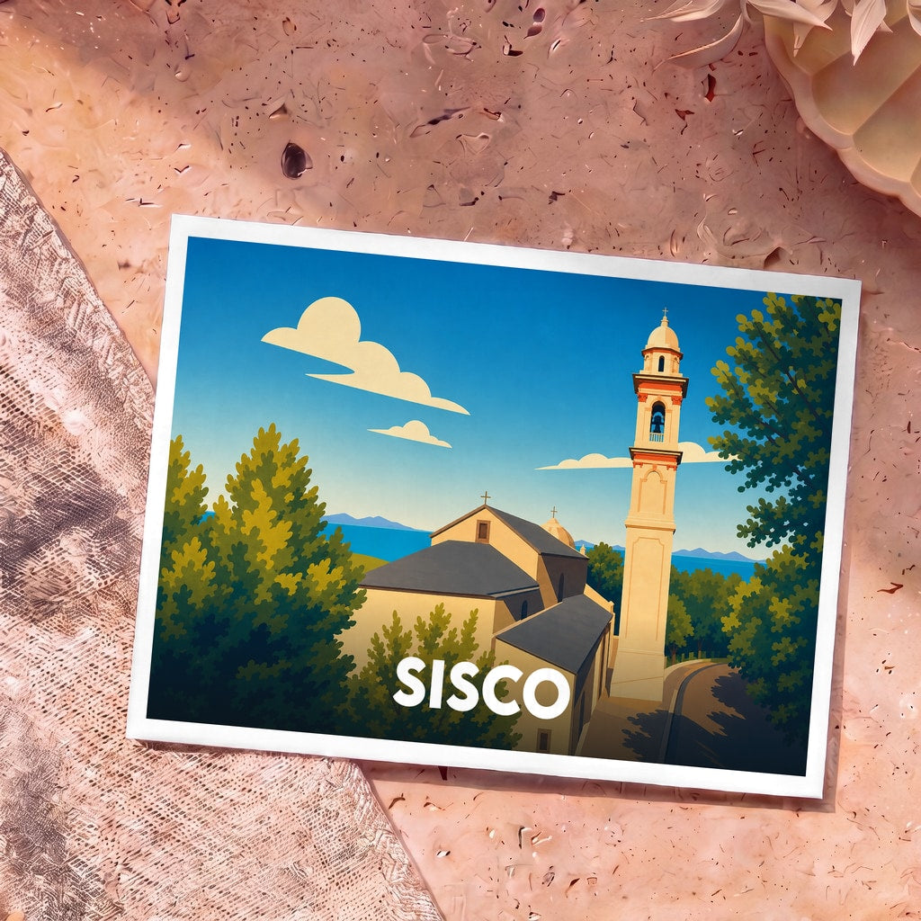 Carte postale souvenir de la ville de Sisco avec une illustration stylisée de son église et de son clocher face à la mer.
