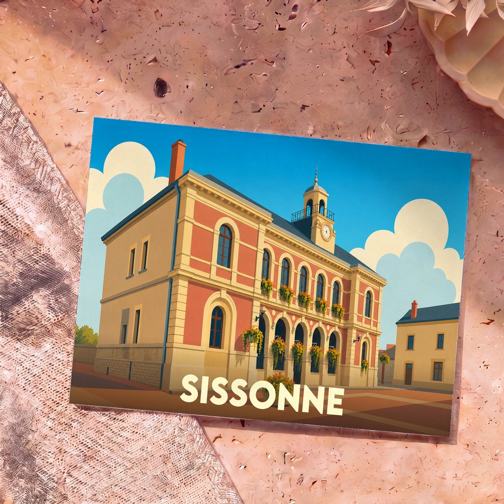 Carte postale souvenir de la ville de Sissonne avec une illustration stylisée de son hôtel de ville.