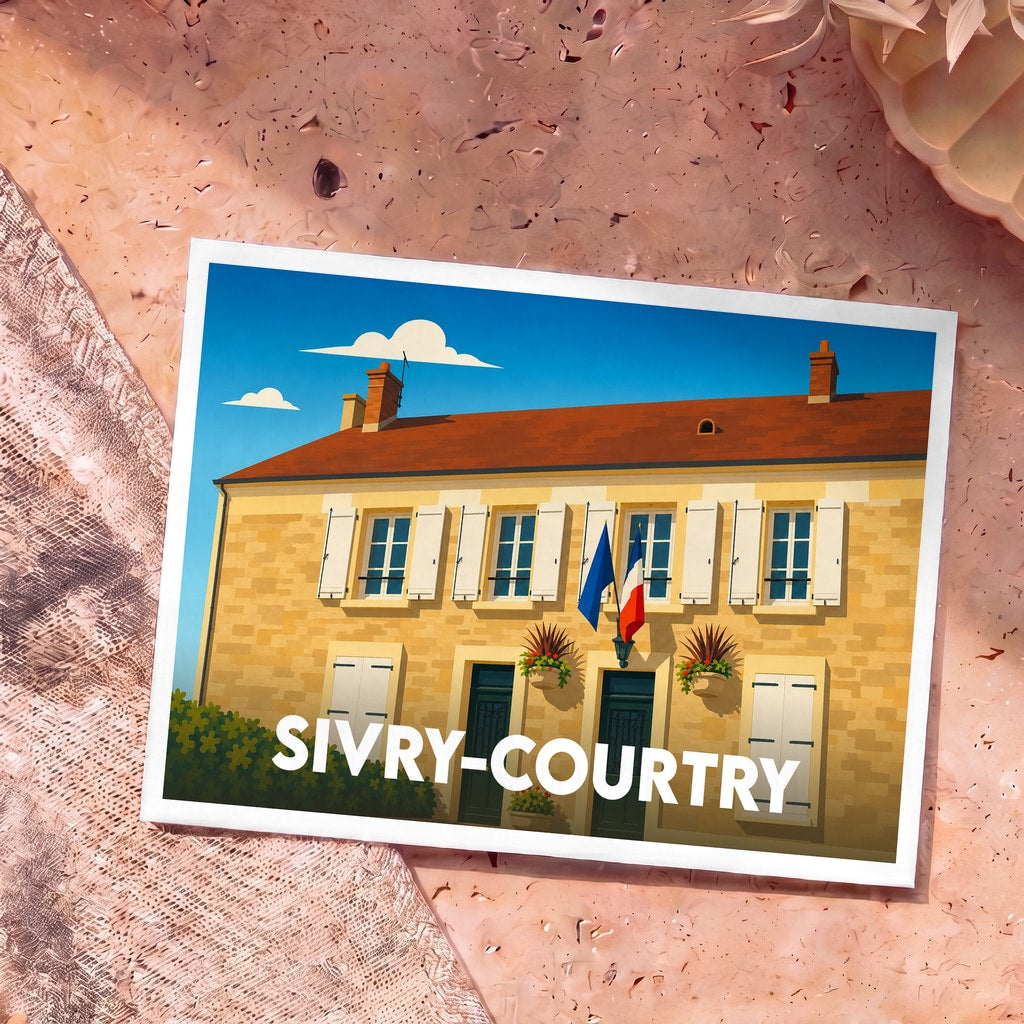Carte postale souvenir de la ville de Sivry-Courtry avec une illustration stylisée de la mairie.