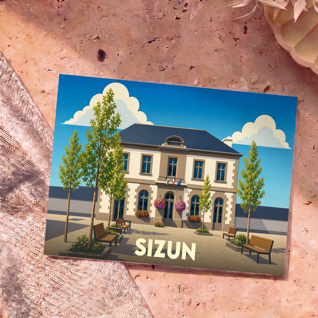 Carte postale souvenir de la ville de Sizun illustrant sa mairie dans un style graphique épuré.