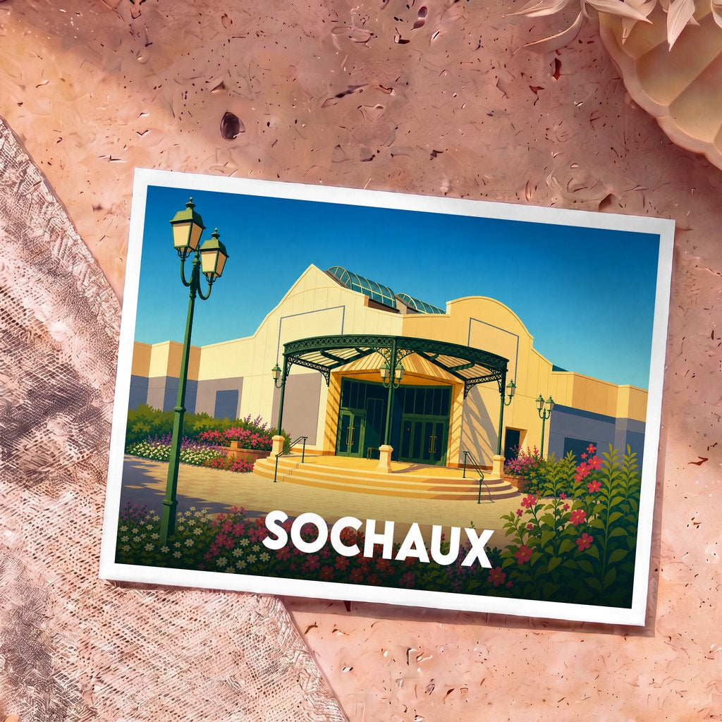 Carte postale souvenir de la ville de Sochaux avec une illustration stylisée d'un bâtiment emblématique.