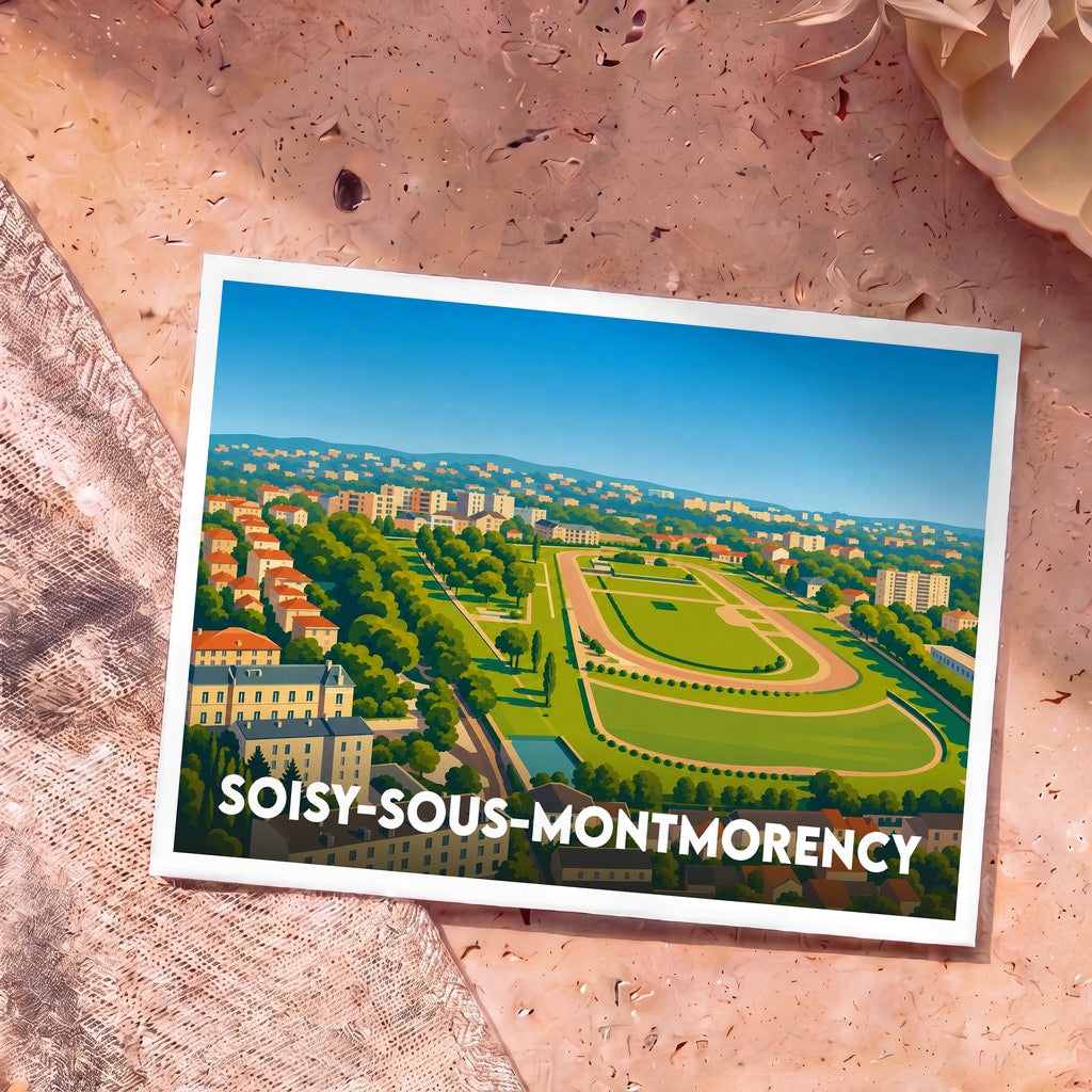 Carte postale souvenir de la ville de Soisy-sous-Montmorency avec une illustration stylisée de son hippodrome et de son paysage urbain.