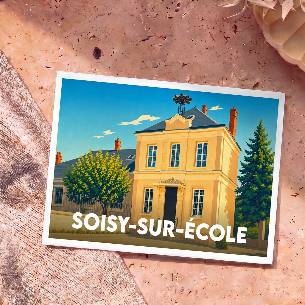 Carte postale souvenir de Soisy-sur-École illustrant la mairie dans un style graphique épuré.