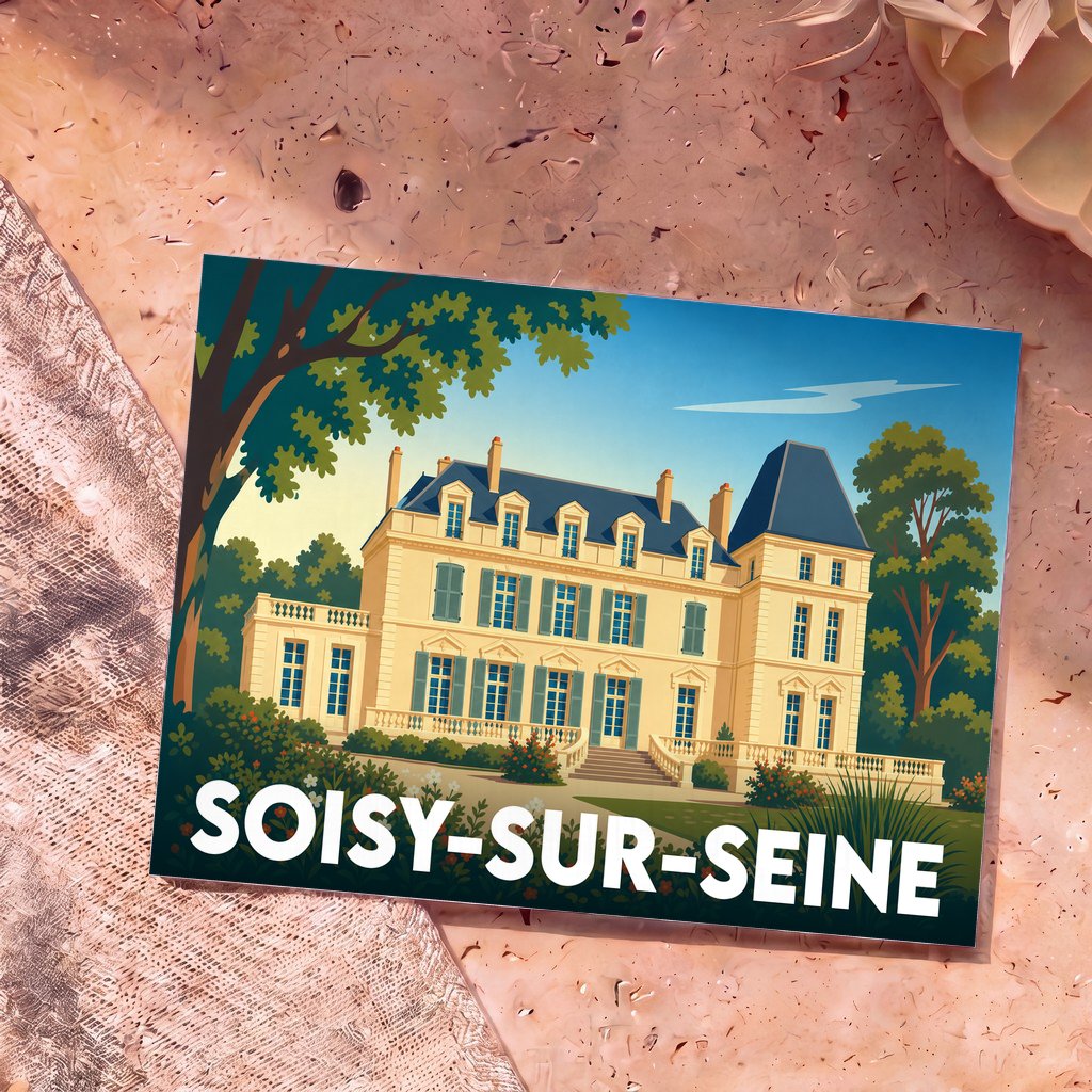 Carte postale souvenir de Soisy-sur-Seine avec une illustration stylisée d'un château.