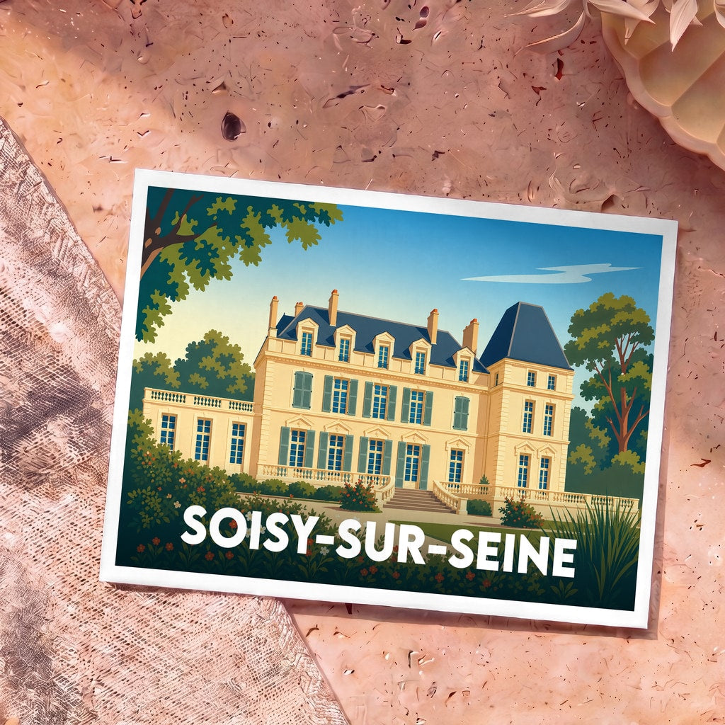 Carte postale souvenir de Soisy-sur-Seine avec une illustration stylisée d'un château.