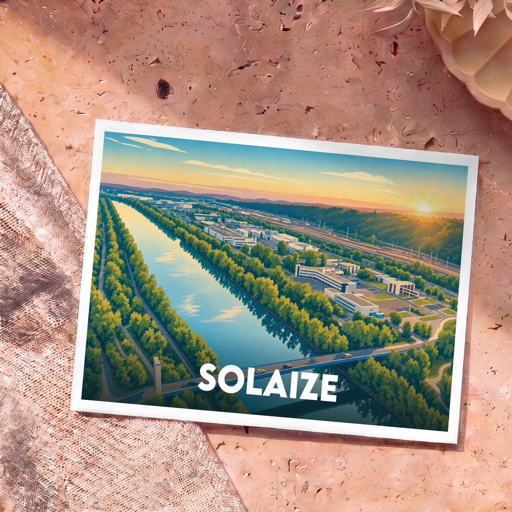 Carte postale souvenir de la ville de Solaize avec une illustration stylisée représentant le canal, la verdure et un coucher de soleil.