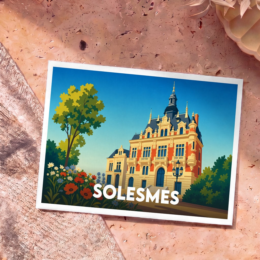Carte postale souvenir de la ville de Solesmes avec une illustration stylisée d'un bâtiment historique et d'un jardin fleuri.