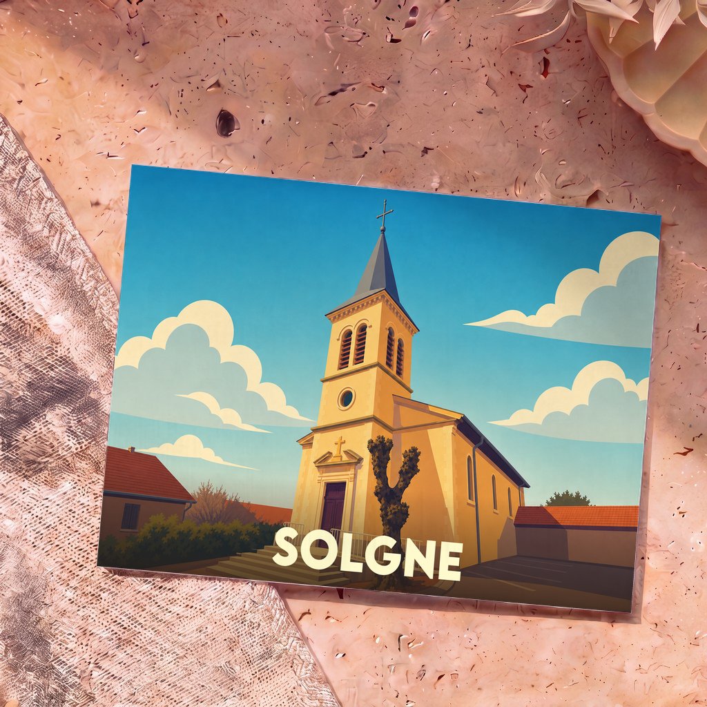 Carte postale souvenir de la ville de Solgne avec une illustration stylisée de son église sous un ciel azur.