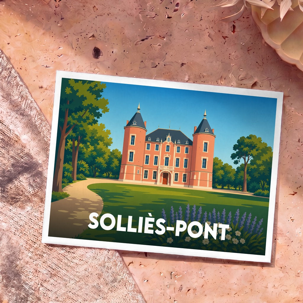 Carte postale souvenir de la ville de Solliès-Pont illustrant son château avec un style graphique épuré.