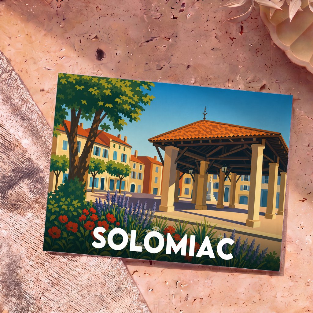 Carte postale souvenir de la ville de Solomiac avec une illustration stylisée de sa halle centrale et ses façades colorées.