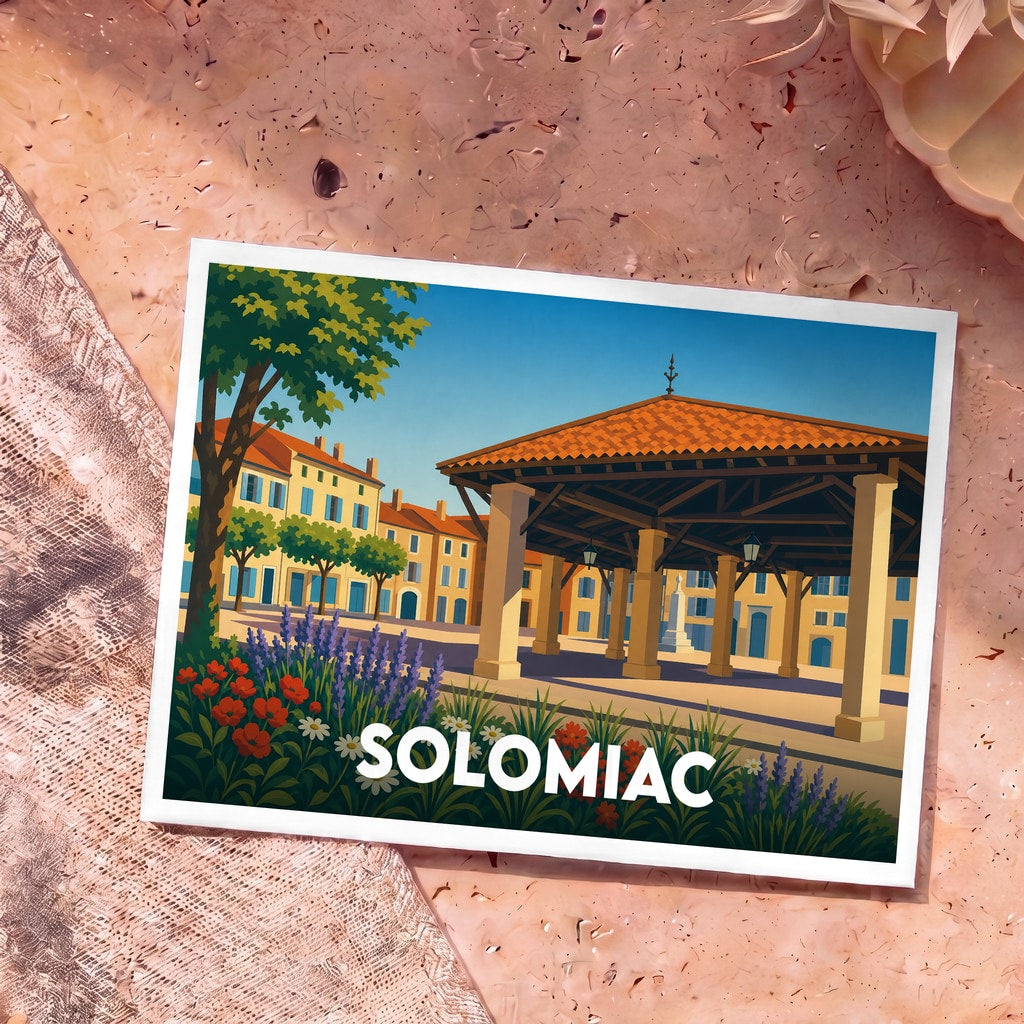 Carte postale souvenir de la ville de Solomiac avec une illustration stylisée de sa halle centrale et ses façades colorées.