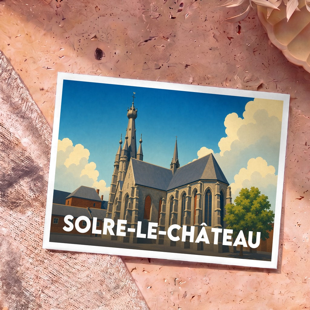 Carte postale souvenir de la ville de Solre-le-Château avec une illustration stylisée de son église penchée.