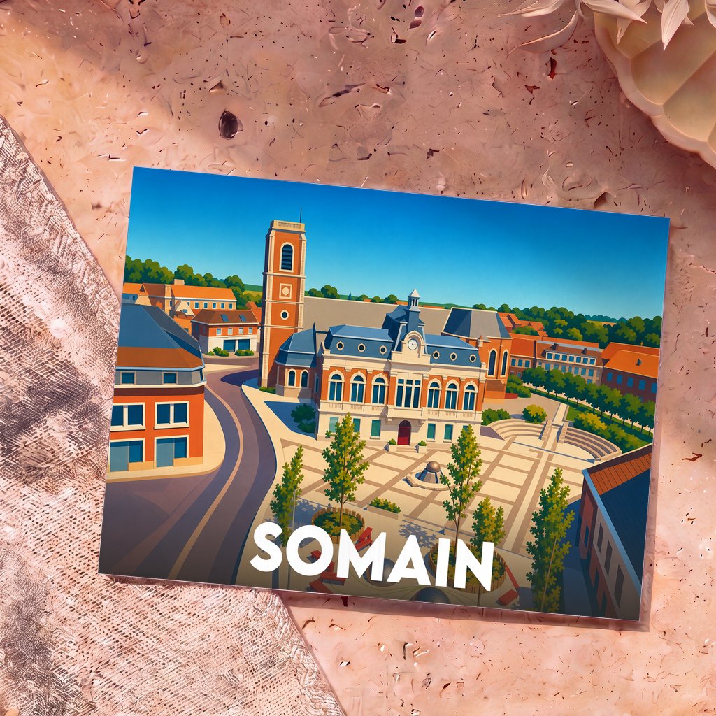 Carte postale souvenir de la ville de Somain avec une illustration stylisée de sa place principale et de son église.
