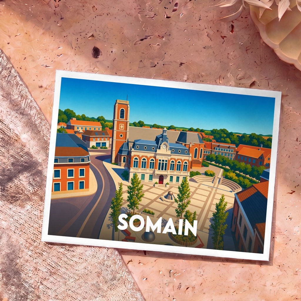 Carte postale souvenir de la ville de Somain avec une illustration stylisée de sa place principale et de son église.