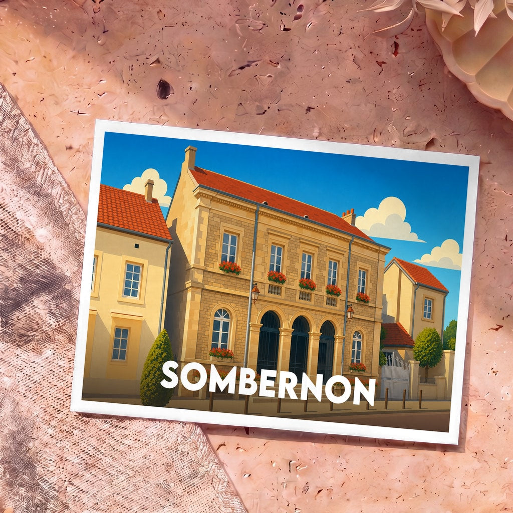 Carte postale souvenir de la ville de Sombernon avec une illustration stylisée de son architecture.