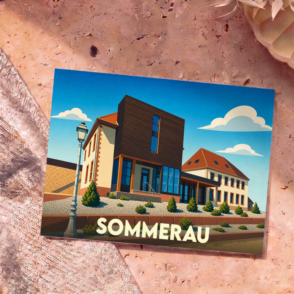 Carte postale souvenir de la ville de Sommerau avec une illustration architecturale stylisée.