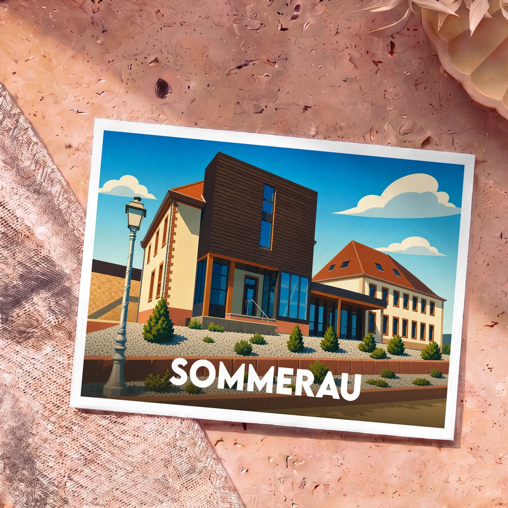 Carte postale souvenir de la ville de Sommerau avec une illustration architecturale stylisée.