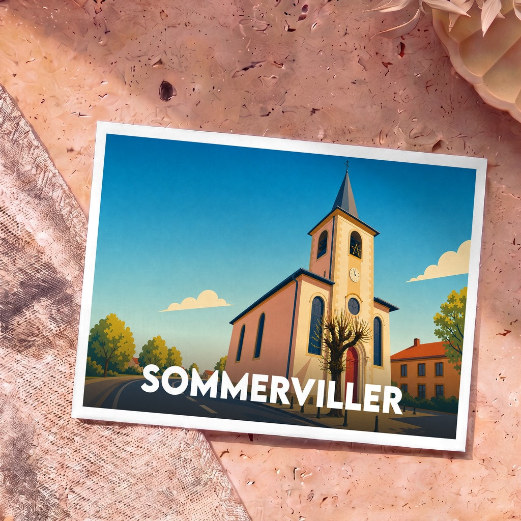 Carte postale souvenir de la ville de Sommerviller avec une illustration stylisée de son église.