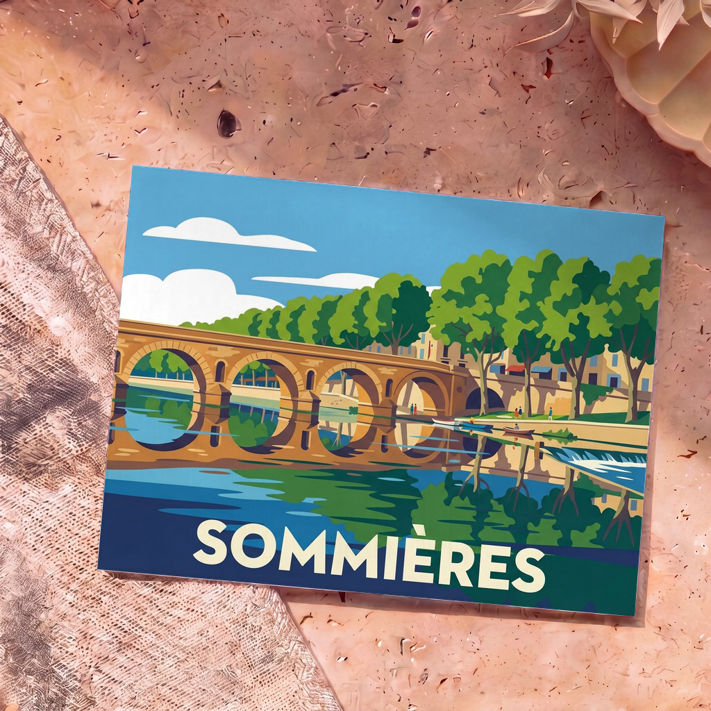 Carte postale souvenir de la ville de Sommières avec une illustration stylisée de son pont romain sur le Vidourle.