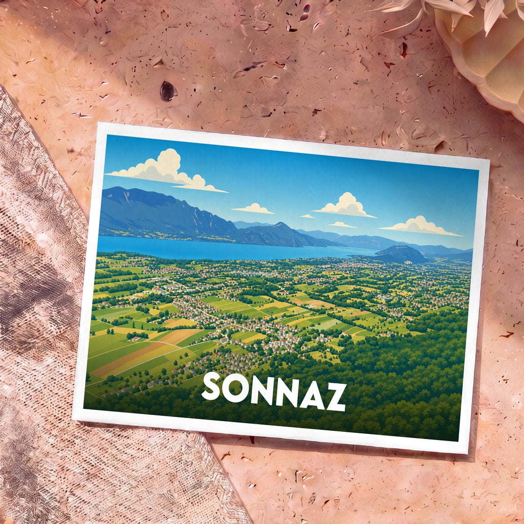 Carte postale souvenir de la ville de Sonnaz avec une illustration stylisée d'un paysage de vallée verdoyante bordant un lac.