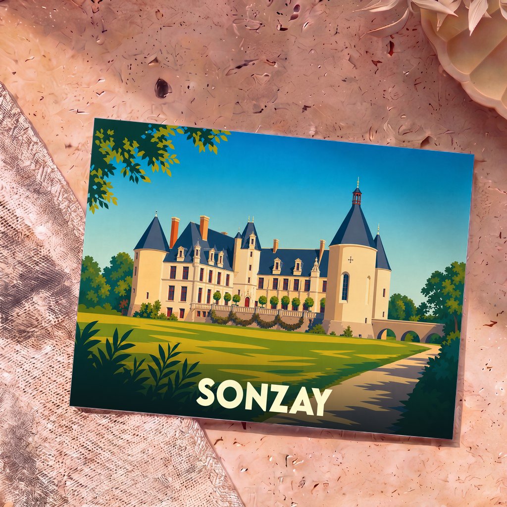 Carte postale souvenir de la ville de Sonzay avec une illustration stylisée de son château.
