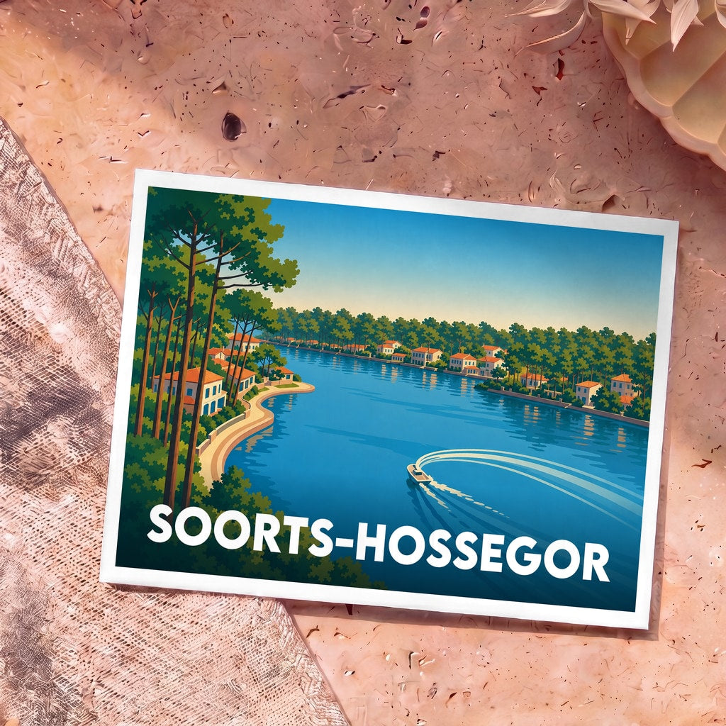 Carte postale souvenir de la ville de Soorts-Hossegor avec une illustration stylisée du lac marin bordé de pins et de villas.