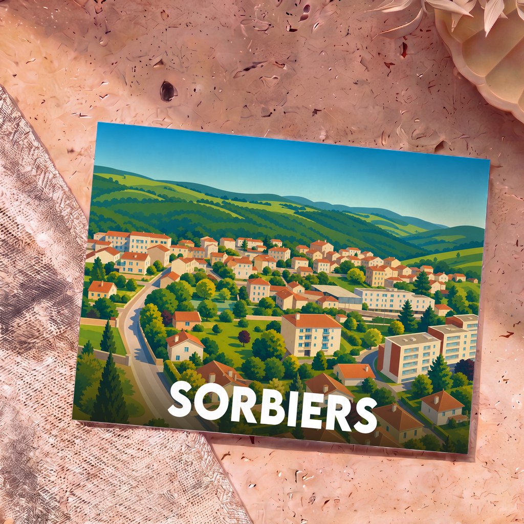 Carte postale souvenir de la ville de Sorbiers avec une illustration stylisée et colorée de ses paysages.