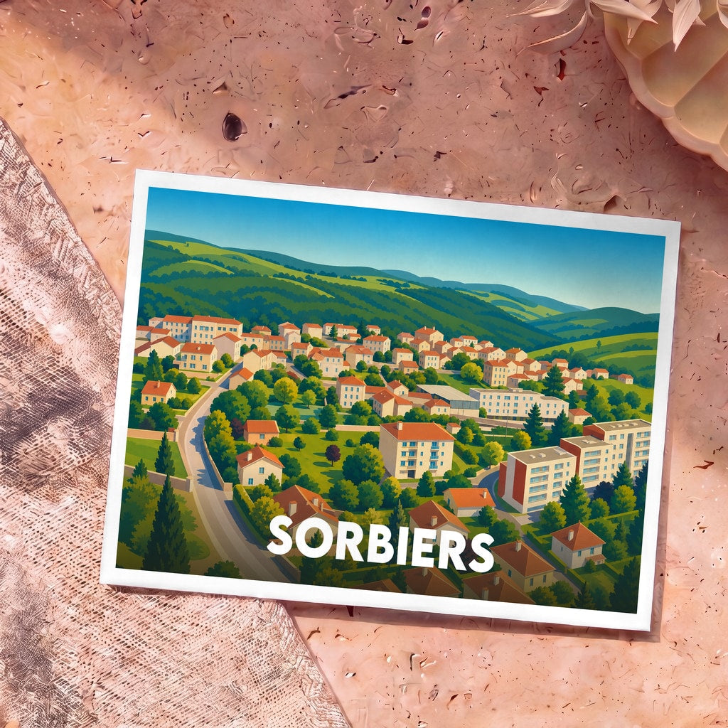 Carte postale souvenir de la ville de Sorbiers avec une illustration stylisée et colorée de ses paysages.