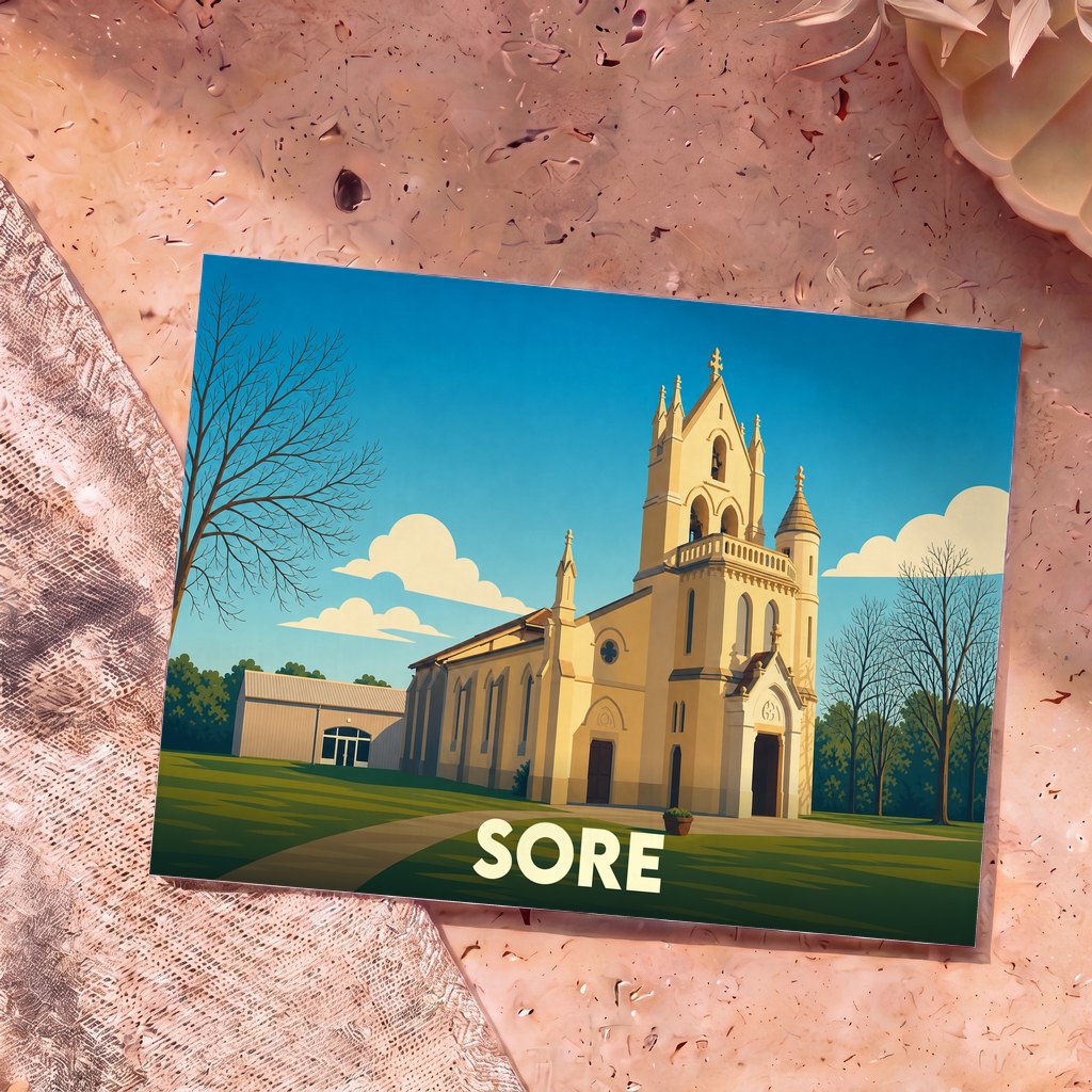 Carte postale souvenir de la ville de Sore avec une illustration stylisée de son église sous un ciel bleu.