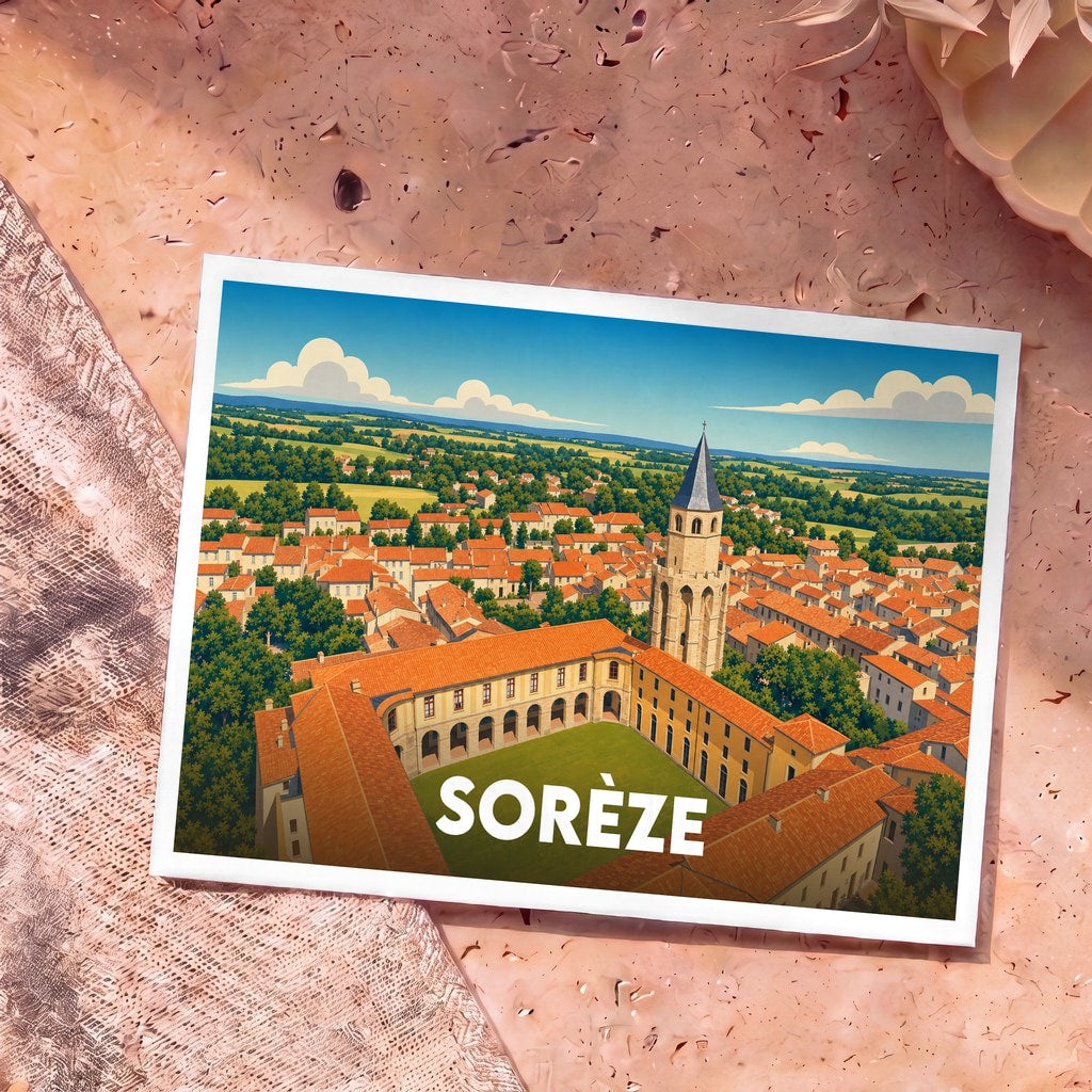 Carte postale souvenir de la ville de Sorèze avec une illustration stylisée vue du ciel.