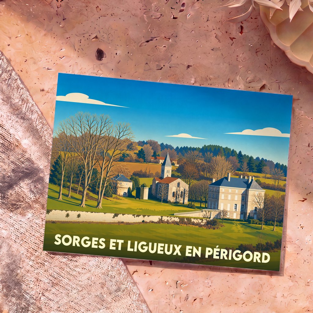 Carte postale souvenir de Sorges et Ligueux en Périgord présentant une illustration stylisée de ses monuments et paysages.