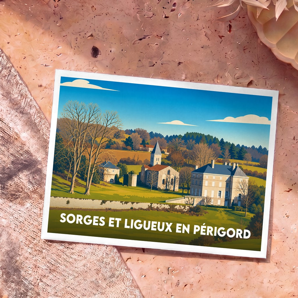 Carte postale souvenir de Sorges et Ligueux en Périgord présentant une illustration stylisée de ses monuments et paysages.