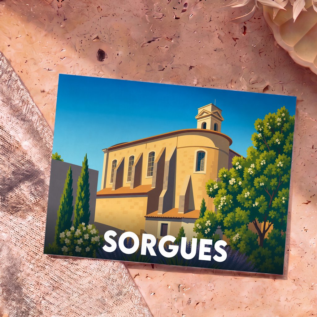 Carte postale souvenir de la ville de Sorgues avec une illustration stylisée de son église sous un ciel bleu.