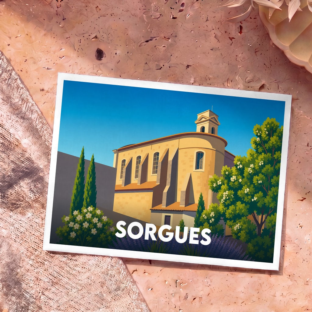 Carte postale souvenir de la ville de Sorgues avec une illustration stylisée de son église sous un ciel bleu.