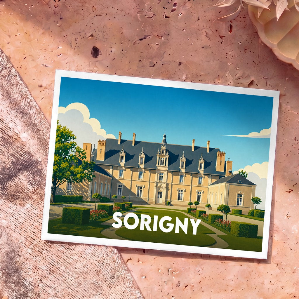 Carte postale souvenir de la ville de Sorigny illustrant un château majestueux dans un style graphique épuré.