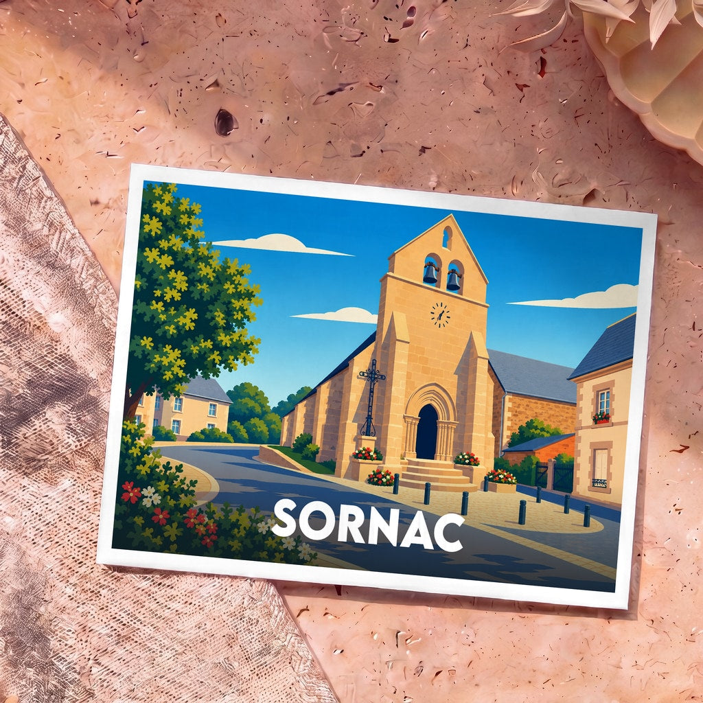 Carte postale souvenir de la ville de Sornac illustrant son église avec un style graphique épuré.