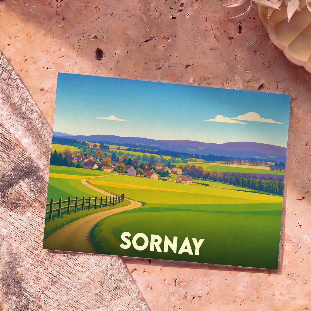 Carte postale souvenir de la commune de Sornay représentant un paysage de campagne illustré dans un style épuré.