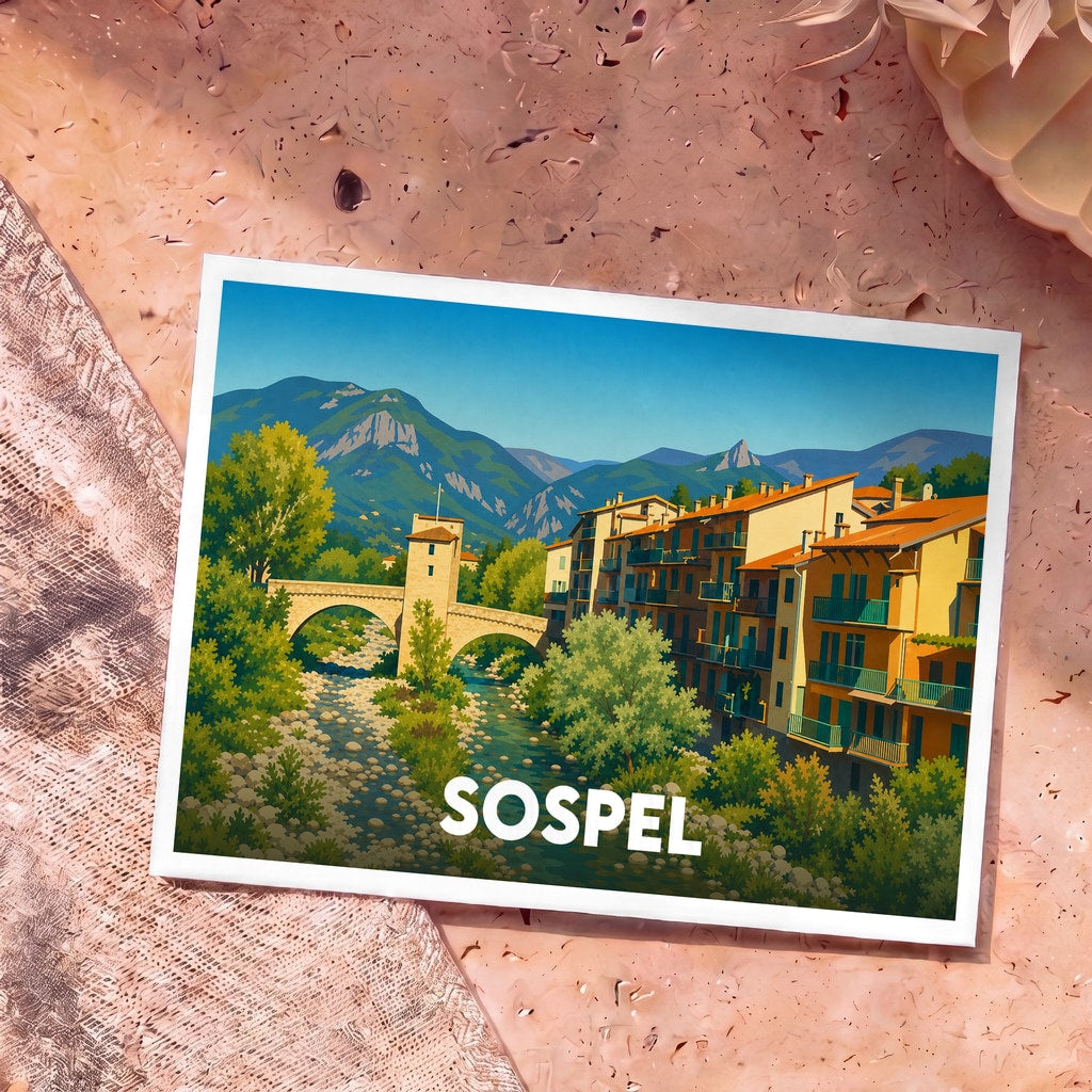 Carte postale souvenir de la ville de Sospel avec une illustration stylisée de son célèbre pont médiéval et de ses montagnes.